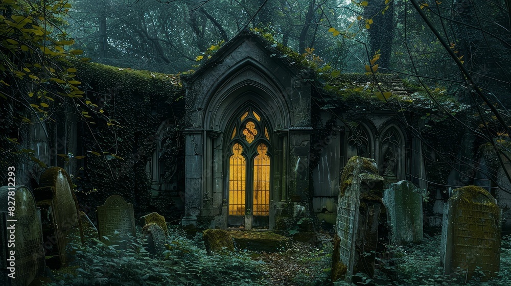 Gothic mausoleum glowing in the dim evening light, surrounded by moss-covered gravestones and wild ivy Gothic mausoleum glowing in the dim evening light, surrounded by moss-covered gravestones and wild ivy