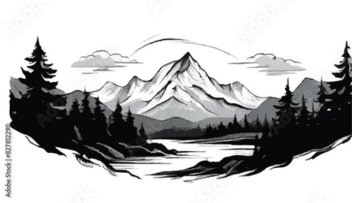 Forest and mountain vector black line illustration isolated white. Sketch art. Mountains Landscape.  © Usama