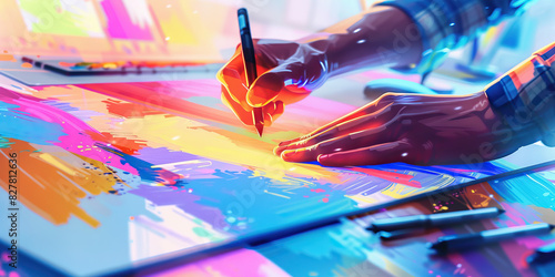 A graphic designer creates a stunning visual presentation, their work showcased on a vibrant digital canvas