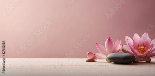 Zen stones  velvet sand and lotus flower on pink background witn copy space  wellness and harmony  massage and bodycare  spa and wellness concept 