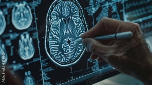 A closeup of a doctors hand as they use a stylus to draw on a highresolution image of a patients brain aided by AI technology to pinpoint potential problems. photo