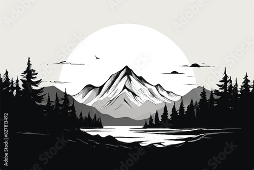 Forest and mountain vector black line illustration isolated white. Sketch art. Mountains Landscape. 