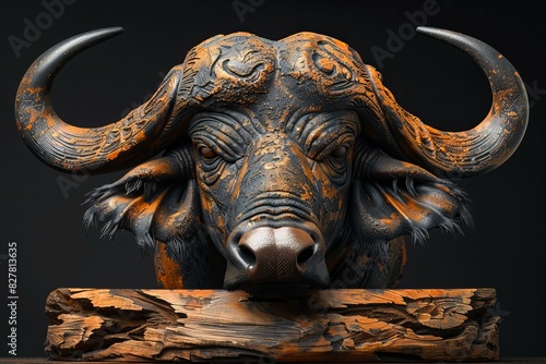 An image of an african buffalo's face on a wooden base photo
