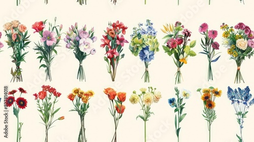 A seamless pattern of colorful bouquets of flowers, perfect for a variety of design projects.