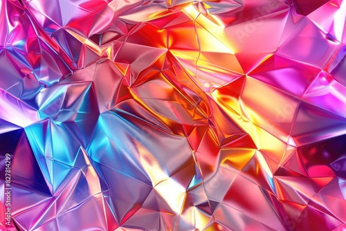 Abstract background of colorful iridescent foil with geometric shapes and patterns.