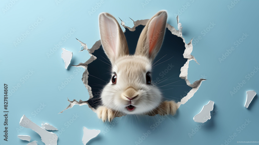 Fototapeta premium Little Easter bunny or rabbit Looking through blue paper hole AI Generated