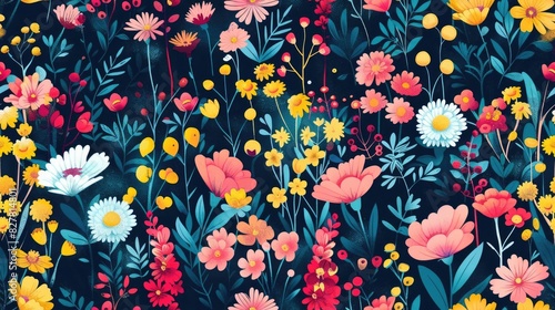 Vibrant floral pattern with pink, yellow, and white flowers on a dark blue background. Perfect for textile, wallpaper, or digital design.