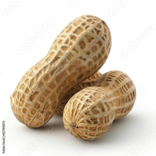 Close-up image of two whole peanuts in their shells  isolated on a white background  showcasing natural texture and organic details.