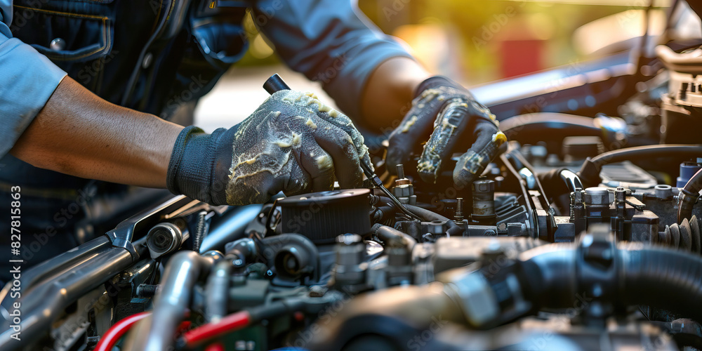 Fototapeta premium A mechanic skillfully repairs a car engine, their greasy hands a testament to their expertise in the field