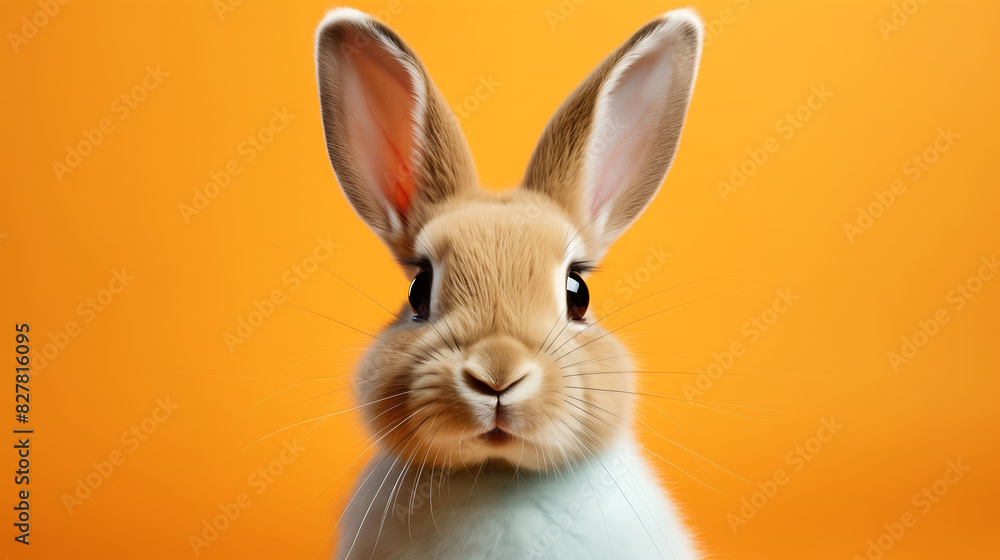 Adorable bunny easter rabbit looking forward on orange background AI generated Adorable bunny easter rabbit looking forward on orange background AI generated