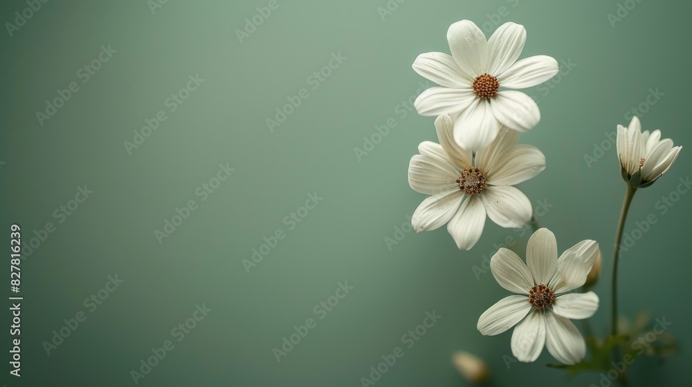 Fototapeta premium Elegant flowers captured in a minimalist style, resting gracefully on a green-themed background. The soft hues and simple arrangement create a serene and peaceful atmosphere, ideal for use in designs