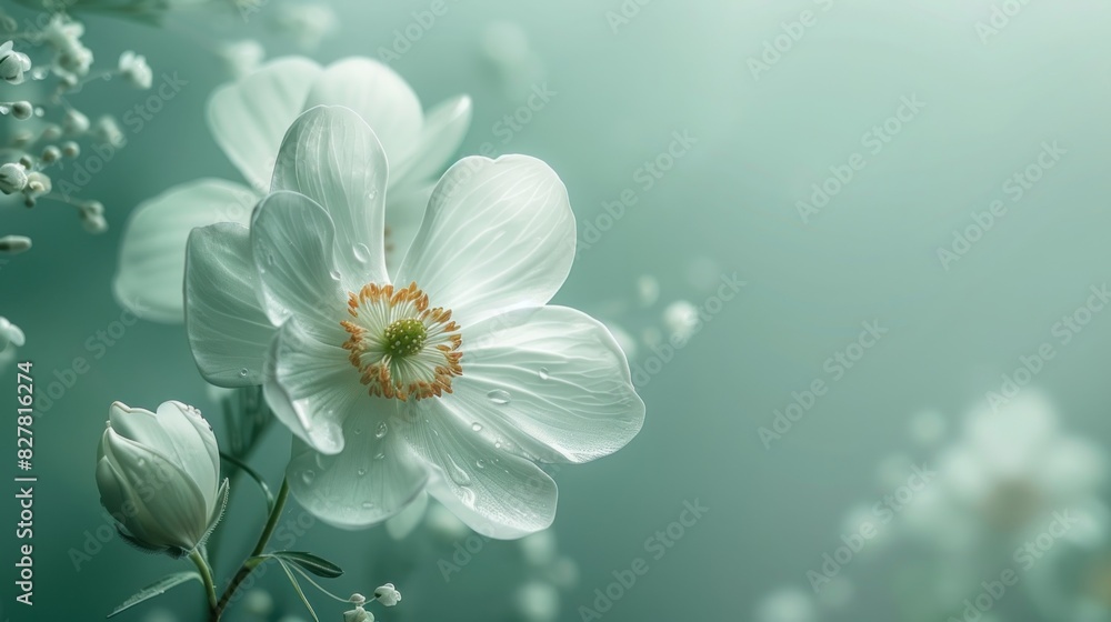 Elegant flowers captured in a minimalist style, resting gracefully on a green-themed background. The soft hues and simple arrangement create a serene and peaceful atmosphere, ideal for use in designs Elegant flowers captured in a minimalist style, resting gracefully on a green-themed background. The soft hues and simple arrangement create a serene and peaceful atmosphere, ideal for use in designs
