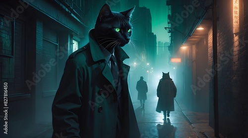 In a dimly lit alleyway, a mysterious feline detective with glowing emerald eyes prowls amidst shadows and fog. 