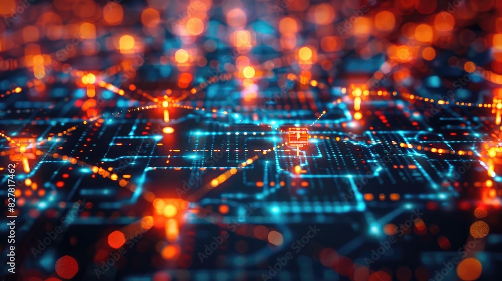 Circuit board with blue and orange lights Circuit board with blue and orange lights