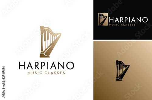 Acoustic Musical orchestra instruments Piano Key and Harp Lyre String for Symphony Music Course School or Pianist Harpist Classic logo design