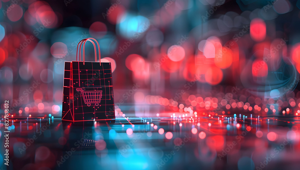 Digital data background with a glowing shopping bag icon and code, symbolizing cyber security in online retail and the importance of secure transactions and data protection in e-commerce.