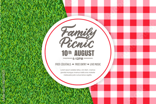 Picnic time banner, poster design with tablecloth on green grass background and hand drawn calligraphy lettering on circle white plate. Vector realistic illustration of lawn and red gingham plaid