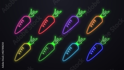Neon bright shiny vegetable carrot in different colors on a dark background.