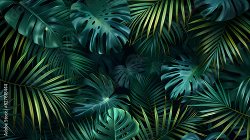 Dark green tropical leaves background