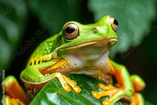 Depicting a the tree frog is looking up into a leaf, high quality, high resolution