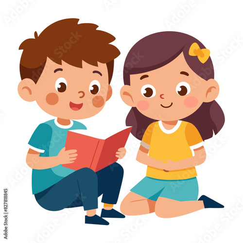 Little boy and girl read book together full body