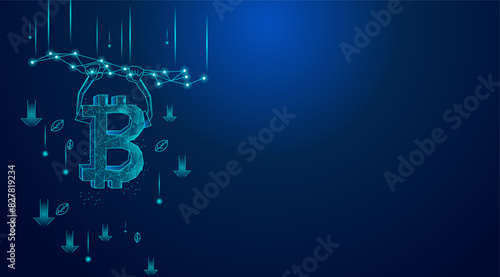 Bitcoin, cryptocurrency and block chain background. Bitcoin characters are coming down the ropes bearish concept. 