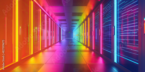 A neon-lit server room shines with an array of colors, casting vivid shadows on the walls © Lila Patel