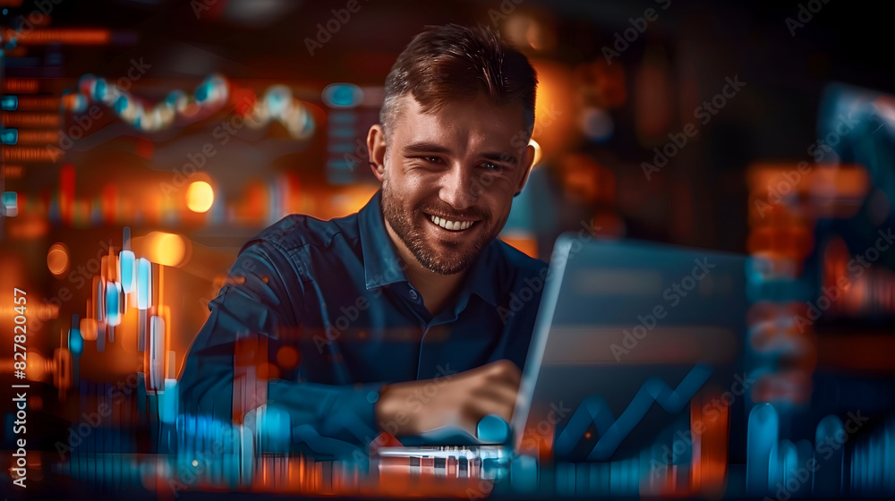 Determined Businessman Analyzes Financial Data Late at Night on Laptop with Vibrant Forex Diagrams Determined Businessman Analyzes Financial Data Late at Night on Laptop with Vibrant Forex Diagrams