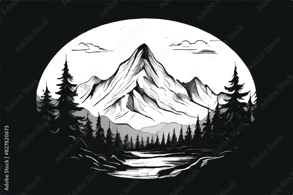 Mountain silhouette. Mountain Landscape. Forest and mountain vector black line illustration isolated white. Sketch art. Black and white Mountain landscape. 