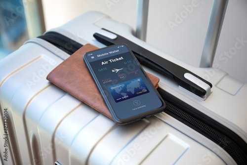 phone with air ticket application on screen suitcases at airport