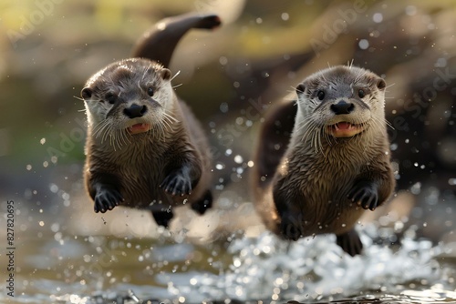 Digital image of two baby otters jumping into a stream, high quality, high resolution © Quan
