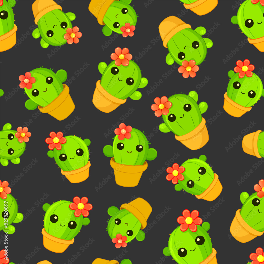 Naklejka premium cacti with flower in pots on black background, vector seamless pattern, cute childish pattern for fabric and wrapping paper