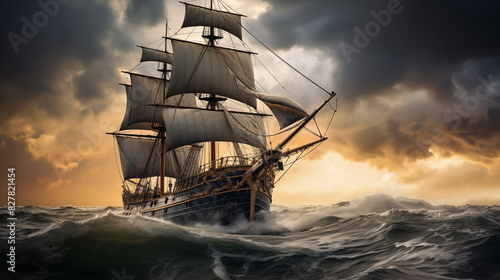 Double Exposure of a tall ship in rough seas with ominous skies illustration ~ Created using Generative AI photo