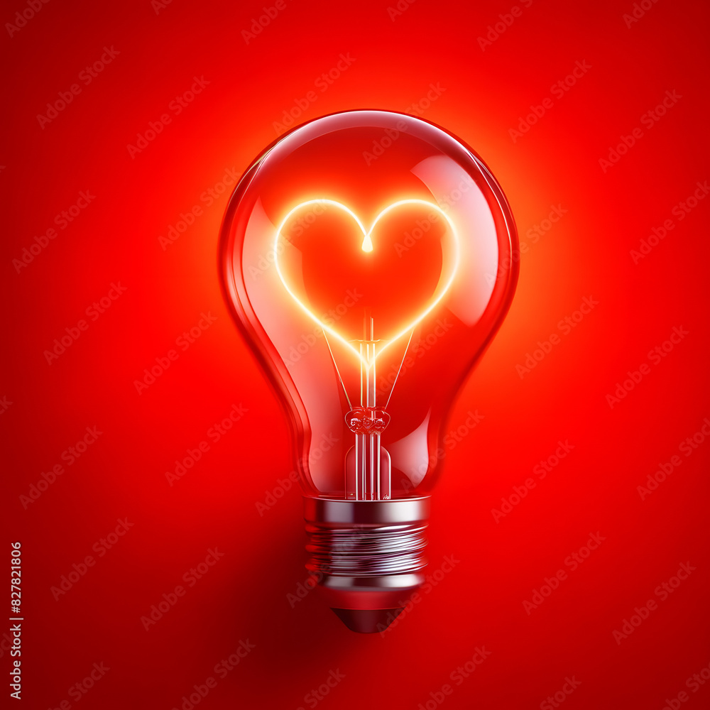 Light bulb with a heart shape glowing filament on a red background, Valentine day concept Light bulb with a heart shape glowing filament on a red background, Valentine day concept