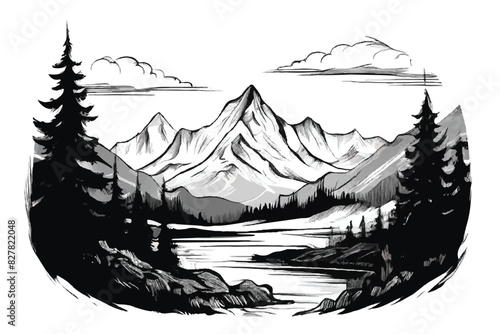 Mountain Landscape.  Forest and mountain vector black line illustration isolated white. Sketch art. Black and white Mountain landscape. 