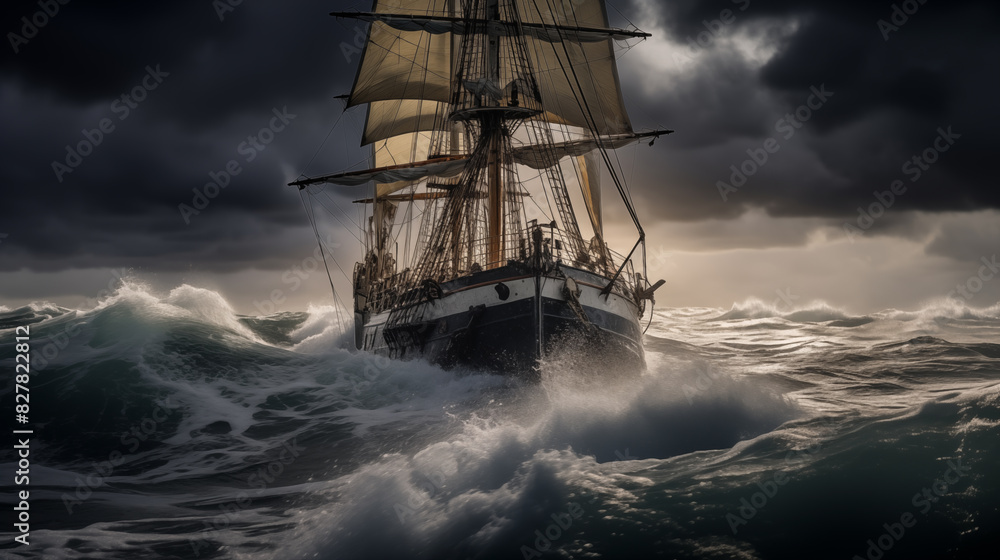 Fototapeta premium Double Exposure of a tall ship in rough seas with ominous skies illustration ~ Created using Generative AI