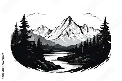 Mountain Landscape.  Forest and mountain vector black line illustration isolated white. Sketch art. Black and white Mountain landscape. 