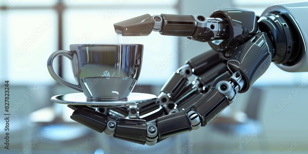 Obraz premium A sleek robotic arm holds a glistening silver cup, ready to serve coffee or tea