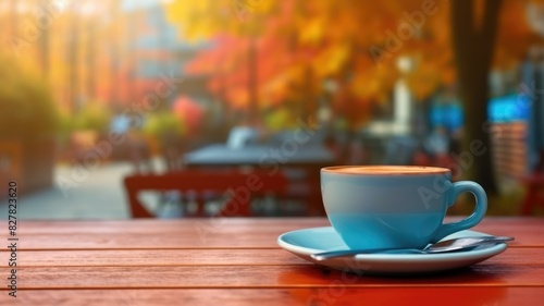 Cappuccino in a blue cup on outdoor cafe table with autumn leaves background. Coffee with blue cup was placed on wooden brown table with fall season. Seasonal beverage and relaxation concept. AIG35.