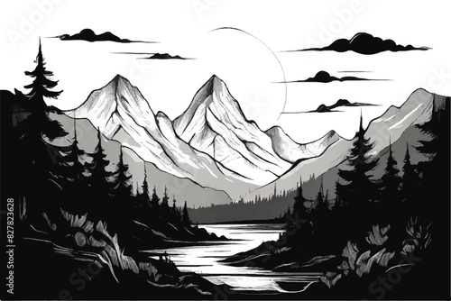Mountain Landscape.  Forest and mountain vector black line illustration isolated white. Sketch art. Black and white Mountain landscape.  © Usama