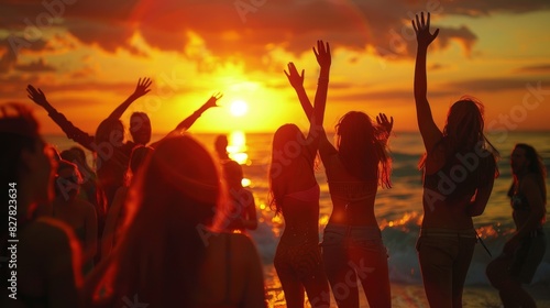 Vibrant Sunset Beach Party with Joyful Young People Dancing by the Sea. Generative ai