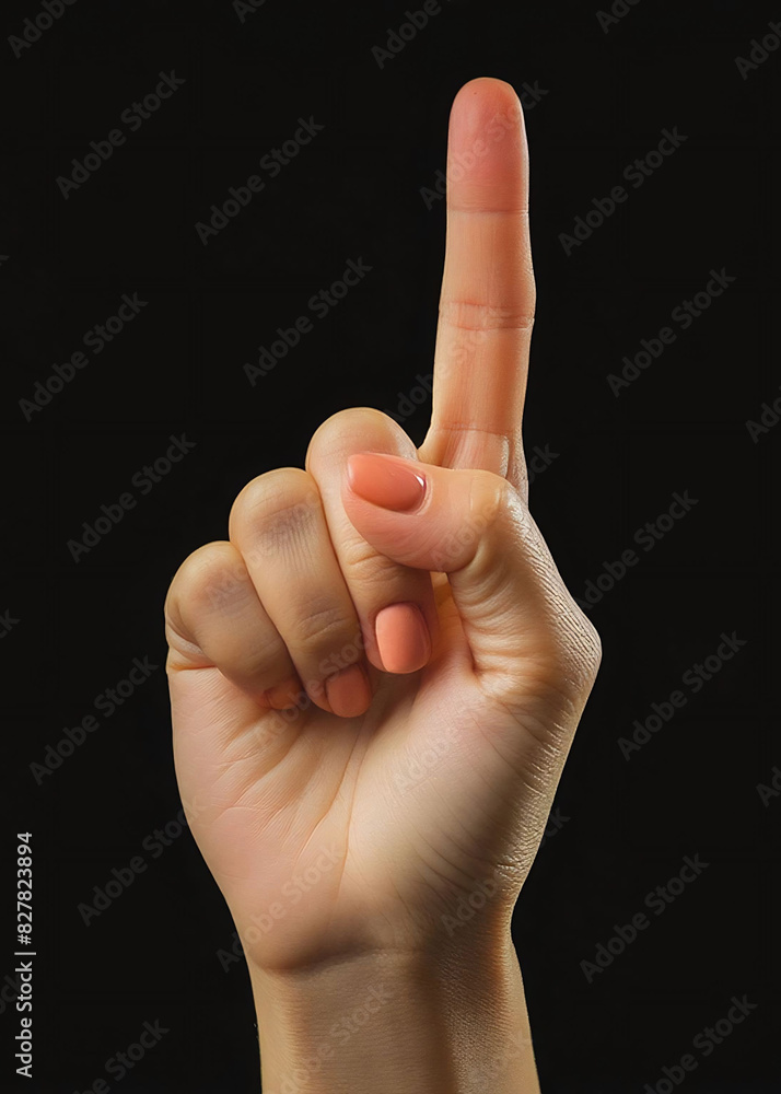Close-up woman hand with the index finger extended upwards, isolated dark background, number one, pointing, requesting attention. Close-up woman hand with the index finger extended upwards, isolated dark background, number one, pointing, requesting attention.