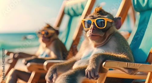 Monkey Summer Holiday Vacation Photography Banner Background: Closeup of Monkeys with Sunglasses, Chilling Relaxing at the Tropical Ocean Beach, in a Lounge Chair
 photo