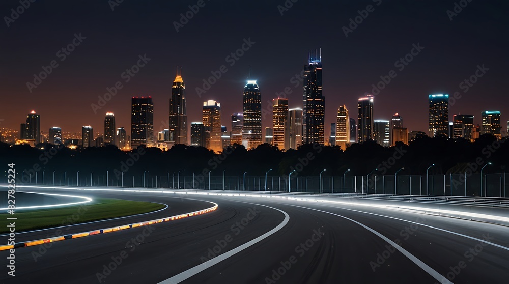 Obraz premium night view of a city skyline from a Formula One race track