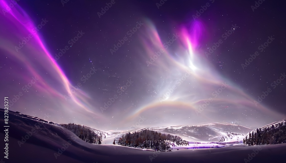 Panoramic view of a winter landscape under a magical aurora borealis with twinkling stars and soft snow. North light with starry night with purple filter. Abstract digital art background. AIG35.