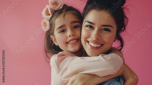 copy space, stockphoto, Happy south american mother and daughter smiling and hugging, parents day theme. Happy black mother and daughter posing, parent’s day mockup.