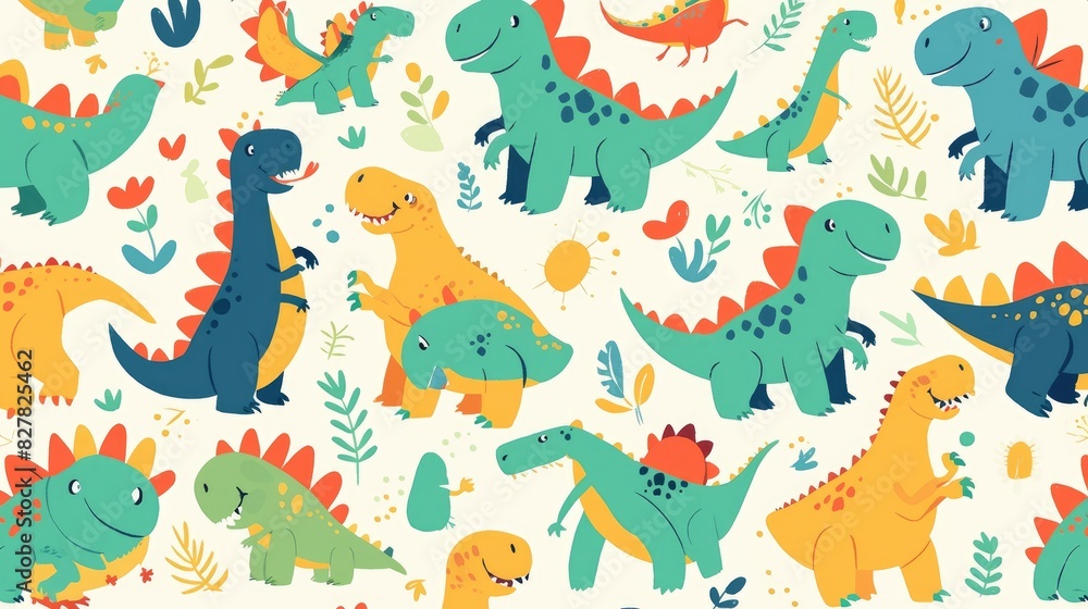 Fototapeta premium Quirky dinosaurs with a playful twist in a delightful pattern designed to enhance your creative projects Enjoy this charming 2d illustration