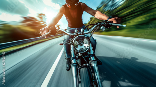 Front view of fast ride on classic motorcycle