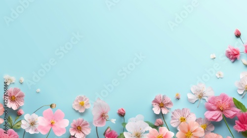 Delicate pink and white flowers on a soft blue background. A close up of pink flowers with slender petals and a yellow center against a blue background. Floral design concept for springtime. AIG35.