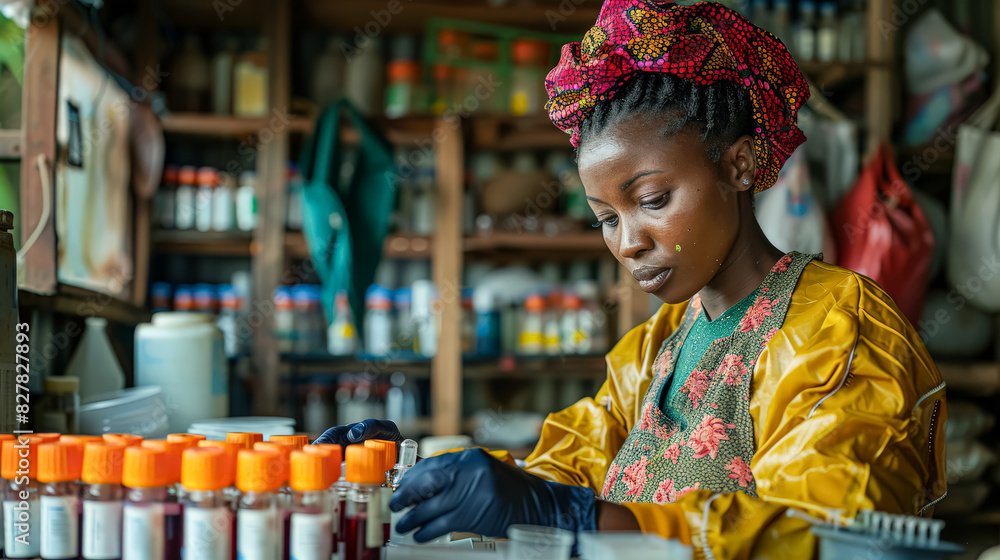 A woman in a yellow lab coat is working with medical supplies. She is wearing gloves and a head scarf A woman in a yellow lab coat is working with medical supplies. She is wearing gloves and a head scarf